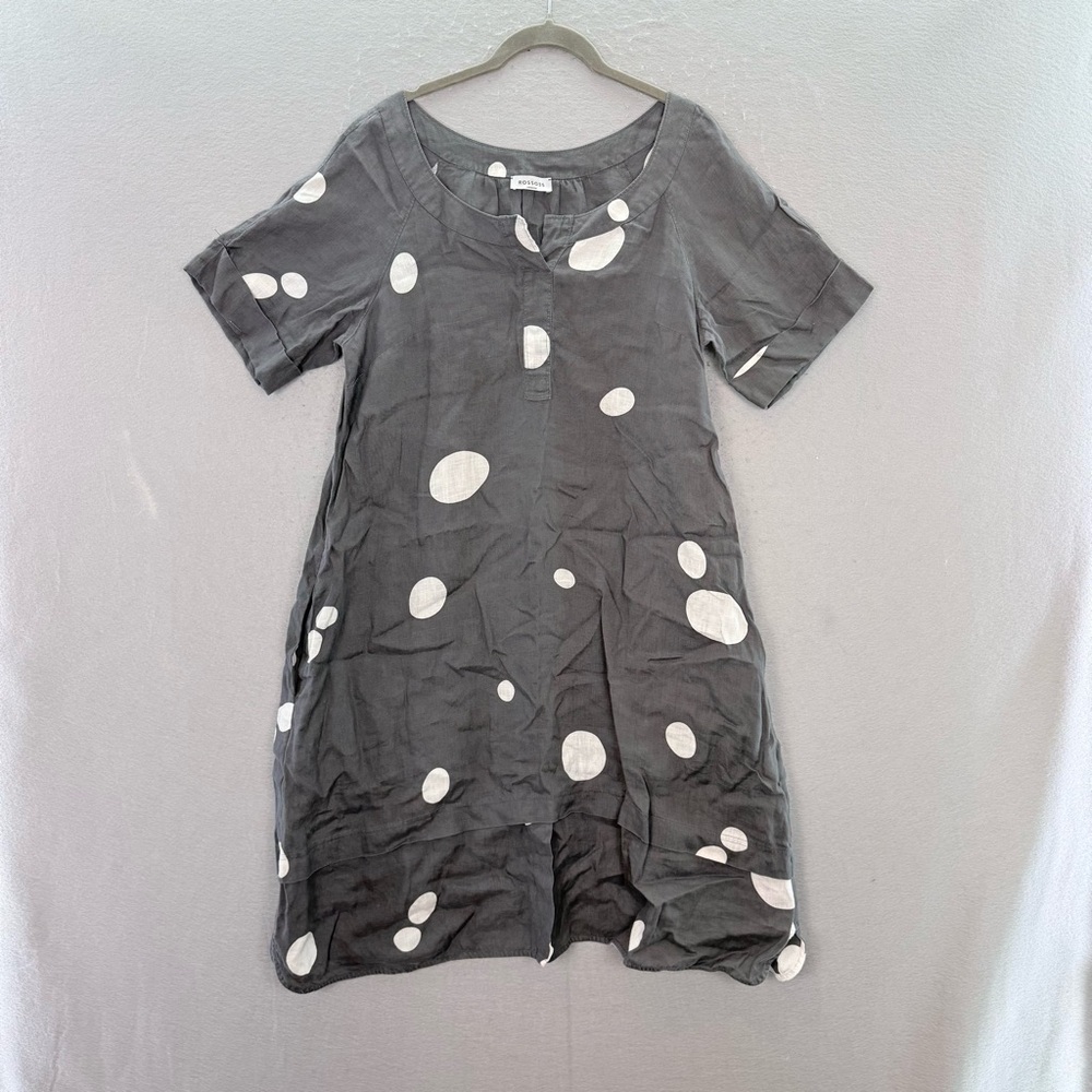ROSSO35 women’s 100% linen polka dots grey short sleeve Midi dress relaxed fit M